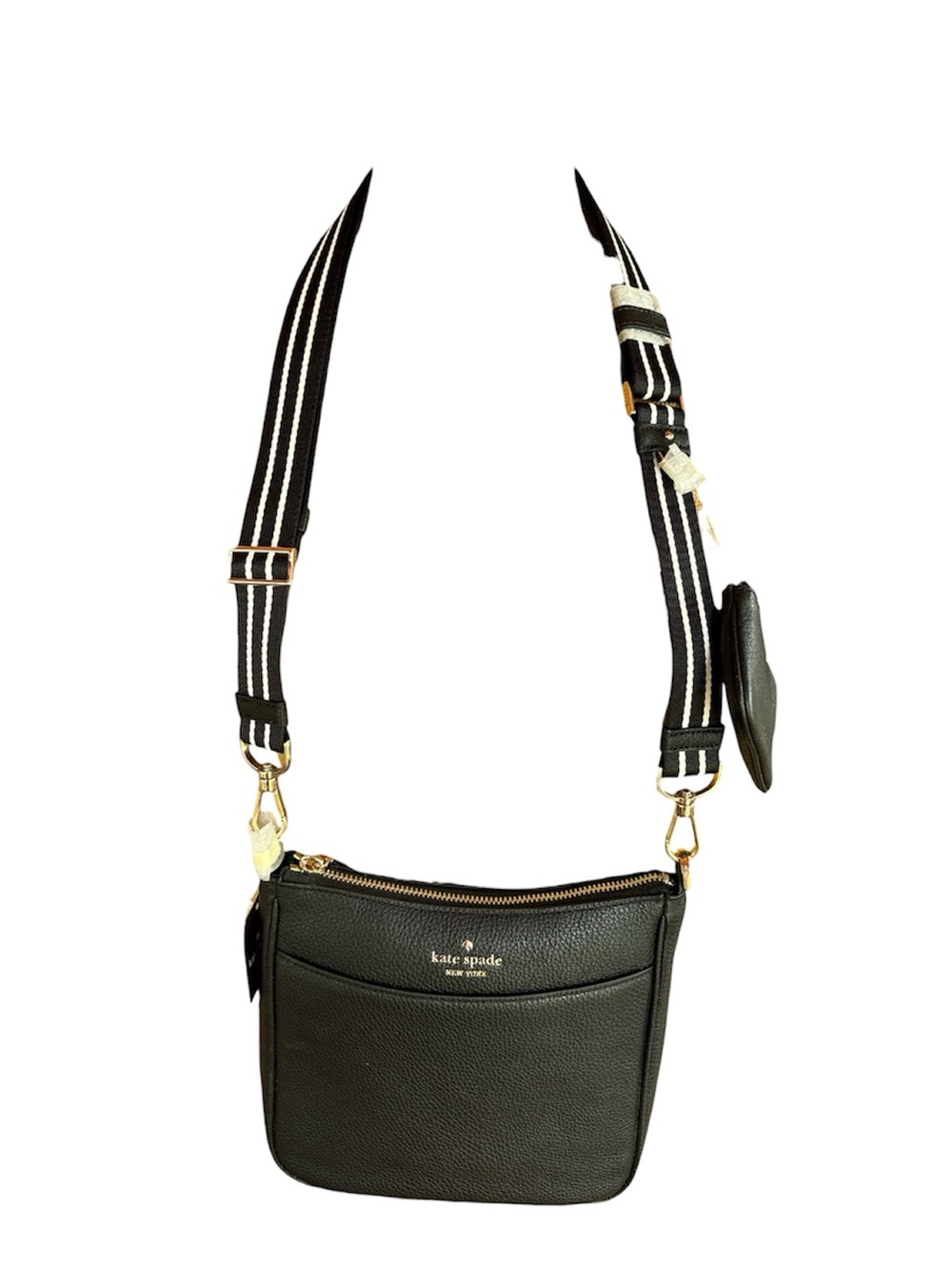 NWT kate spade Black Pebbled Leather Crossbody with Striped Strap and Coin Pouch